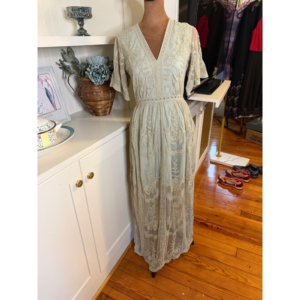 Altar'd State Sage Green Embroidered Mesh Lace Maxi Dress Small Boho V-Neck